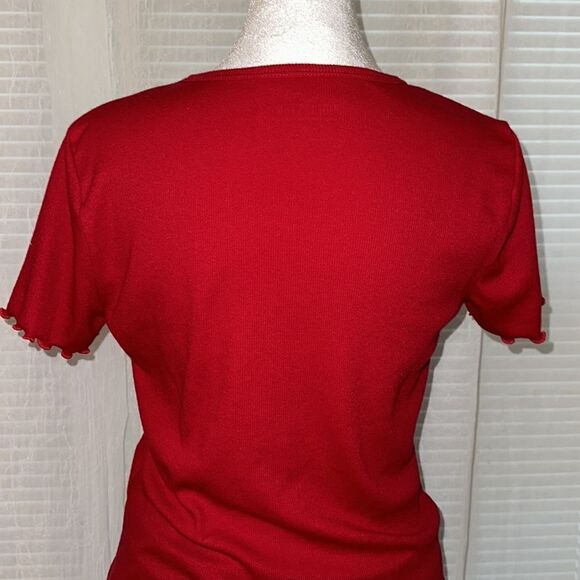 Hollister S Red Ribbed Cotton Crewneck Short Sleeve Tee Ruffle Hem & Sleeve - Picture 4 of 10